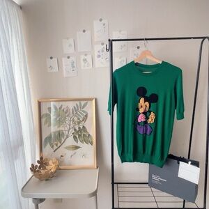 Women Brand New: Short-sleeve Knit Top, Drak Green, Lightweight Fabric,Cartoon